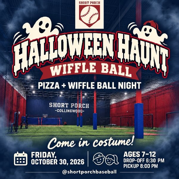Halloween Haunt Wiffle Ball Night poster — Pizza + Wiffle Ball Night, Friday October 30 2026, drop-off 6:30 PM, pickup 8:00 PM, ages 7–12