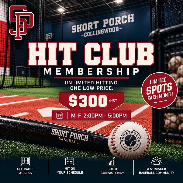 Hit Club Membership poster — Unlimited Hitting, $300 + HST, Monday to Friday 2:00 PM to 5:00 PM