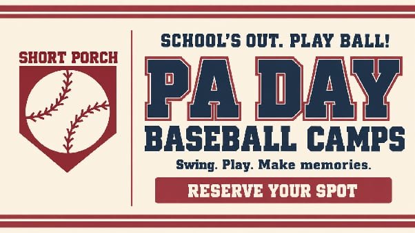 PA Day Baseball Camps banner — School's out. Play ball! Swing. Play. Make memories. Reserve your spot.