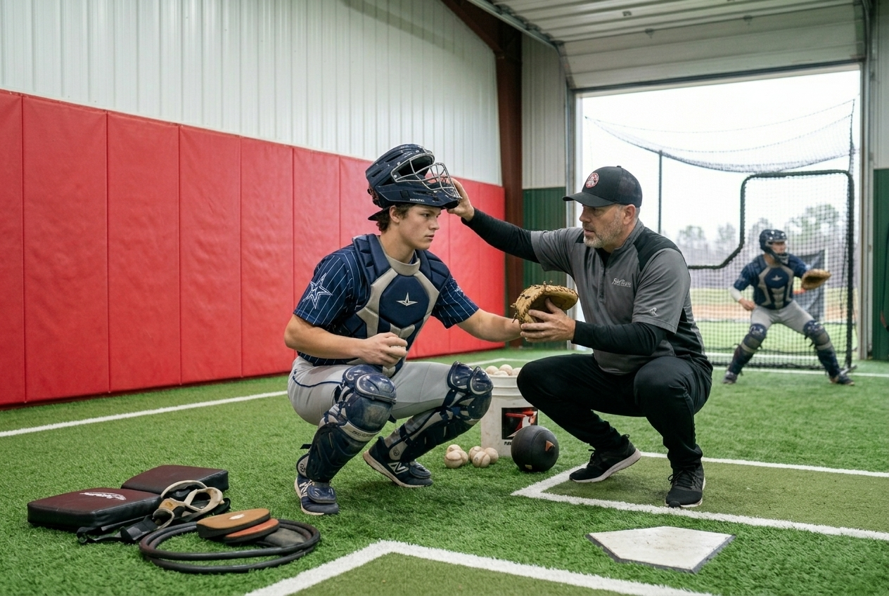 Coach working with a young catcher on stance and framing at Short Porch Baseball