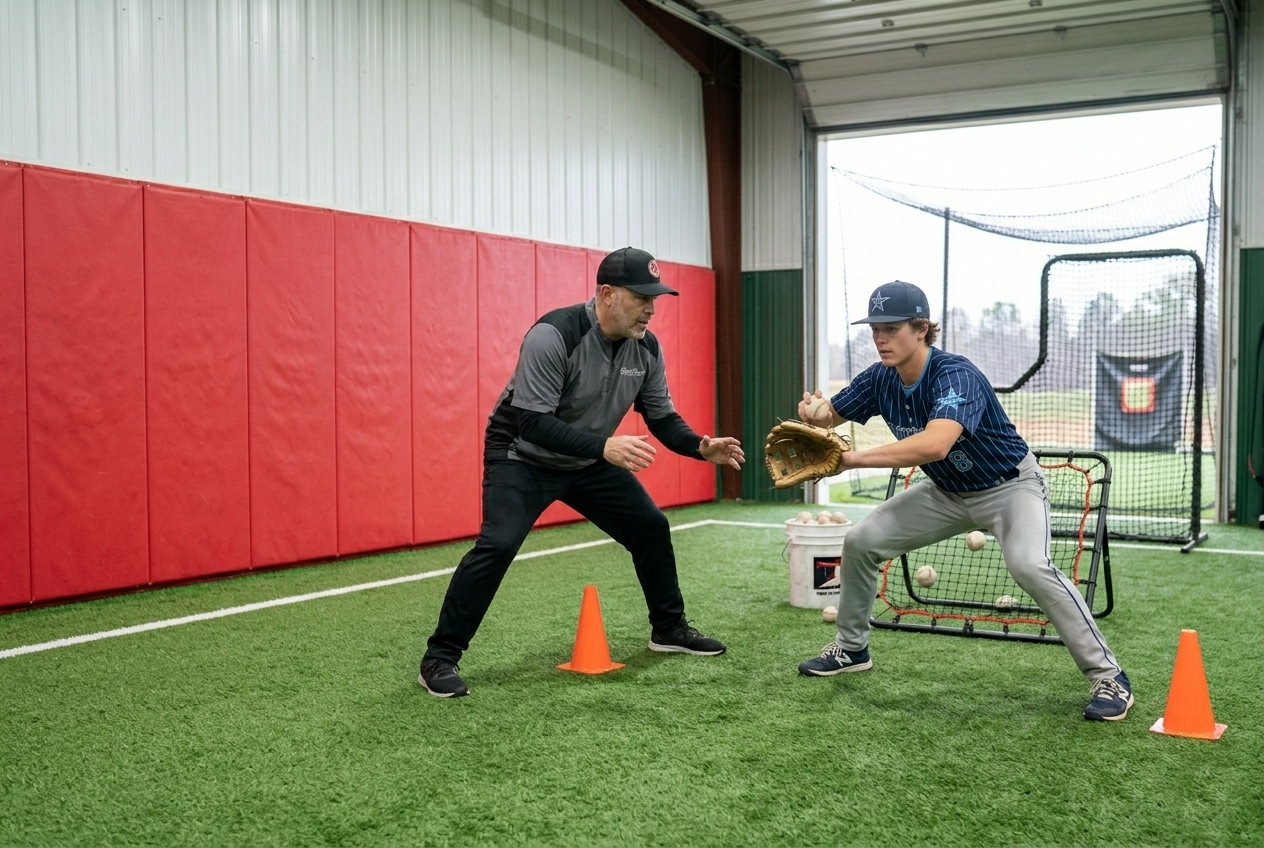 Coach drilling infielding footwork with a player at Short Porch Baseball