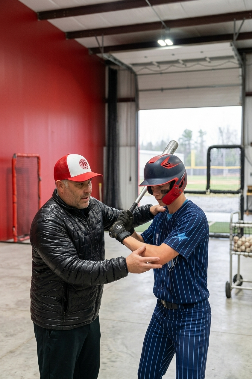 Coach instructing a young player on hitting form at Short Porch Baseball