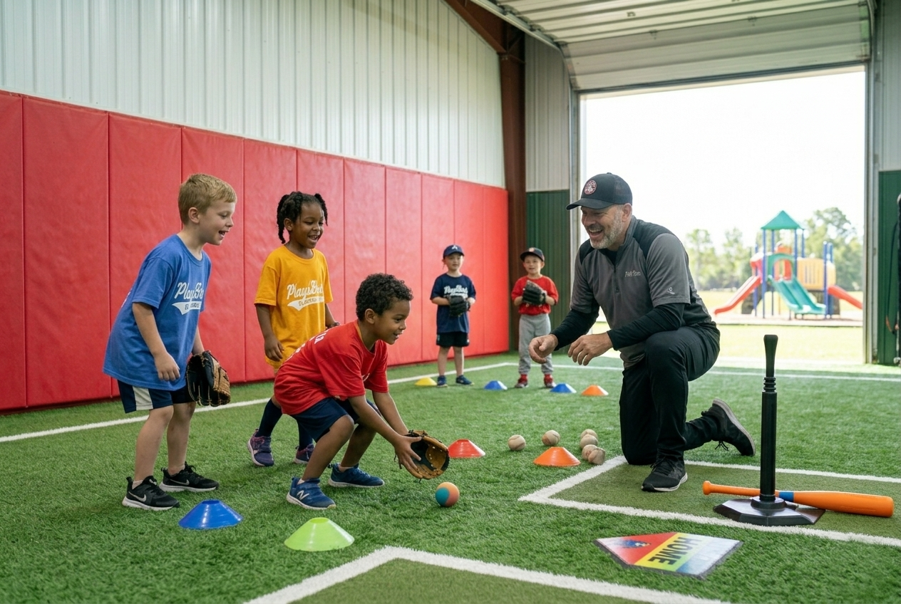 Kids working through baseball drills at Short Porch Baseball summer camp